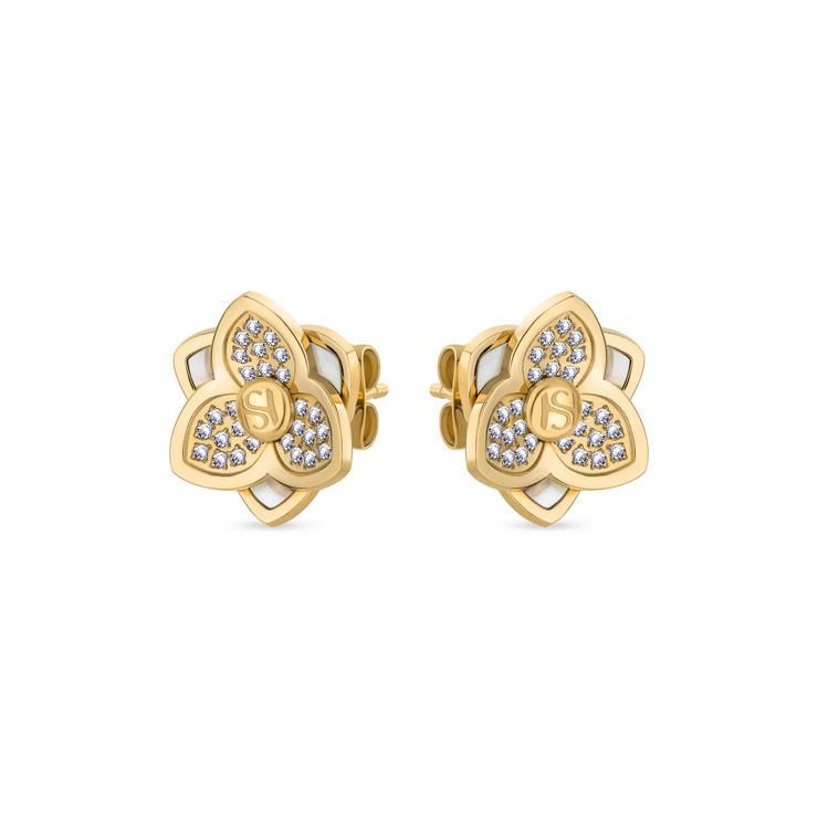 Saint Honore Gold Flower Stud Earrings with Crystals 