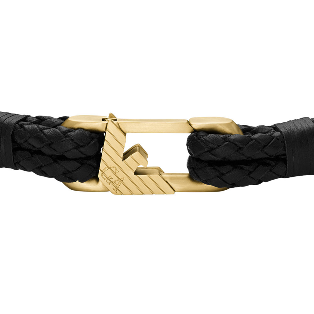 Emporio Armani Men’s Black Leather Bracelet - Gold Logo