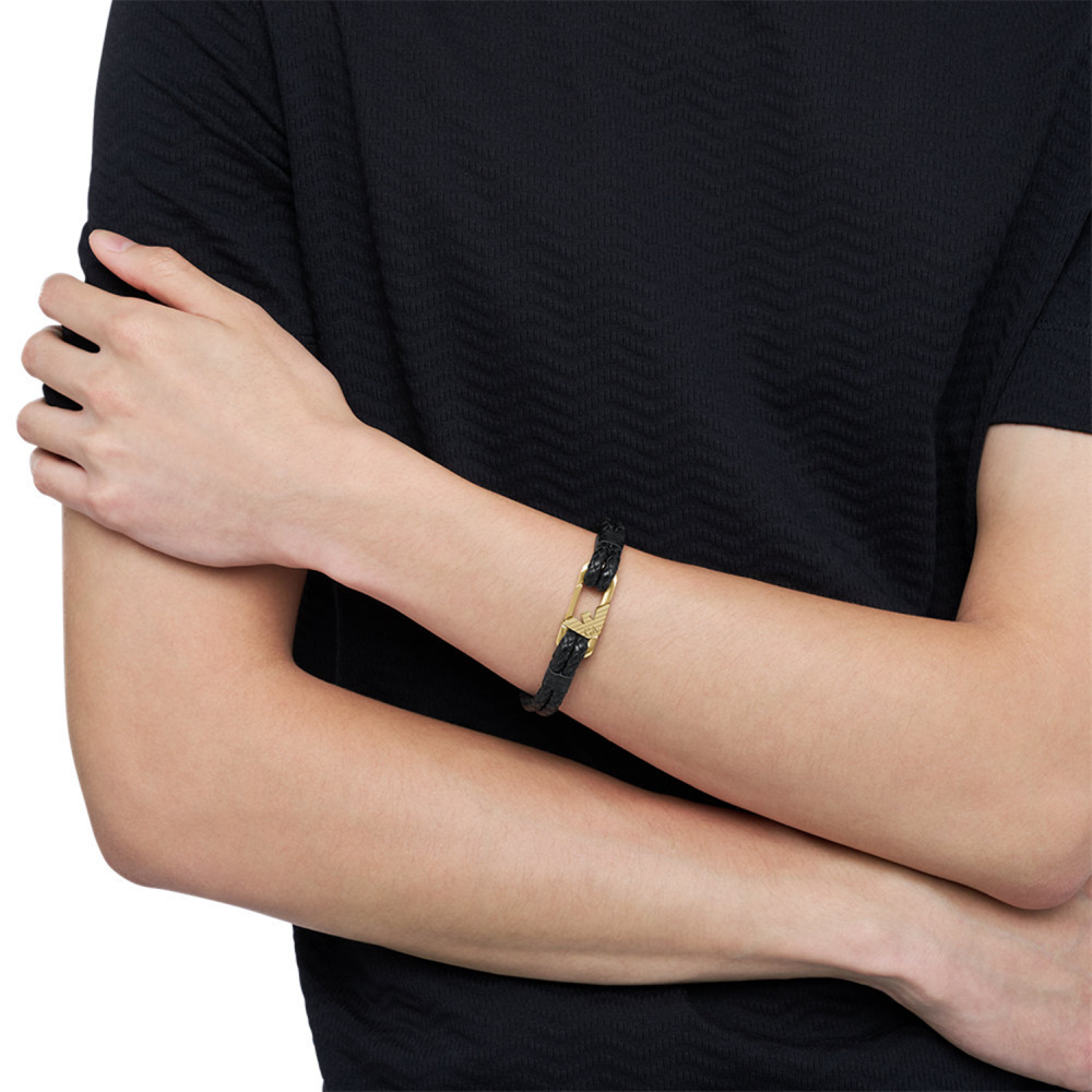 Emporio Armani Men’s Black Leather Bracelet - Gold Logo