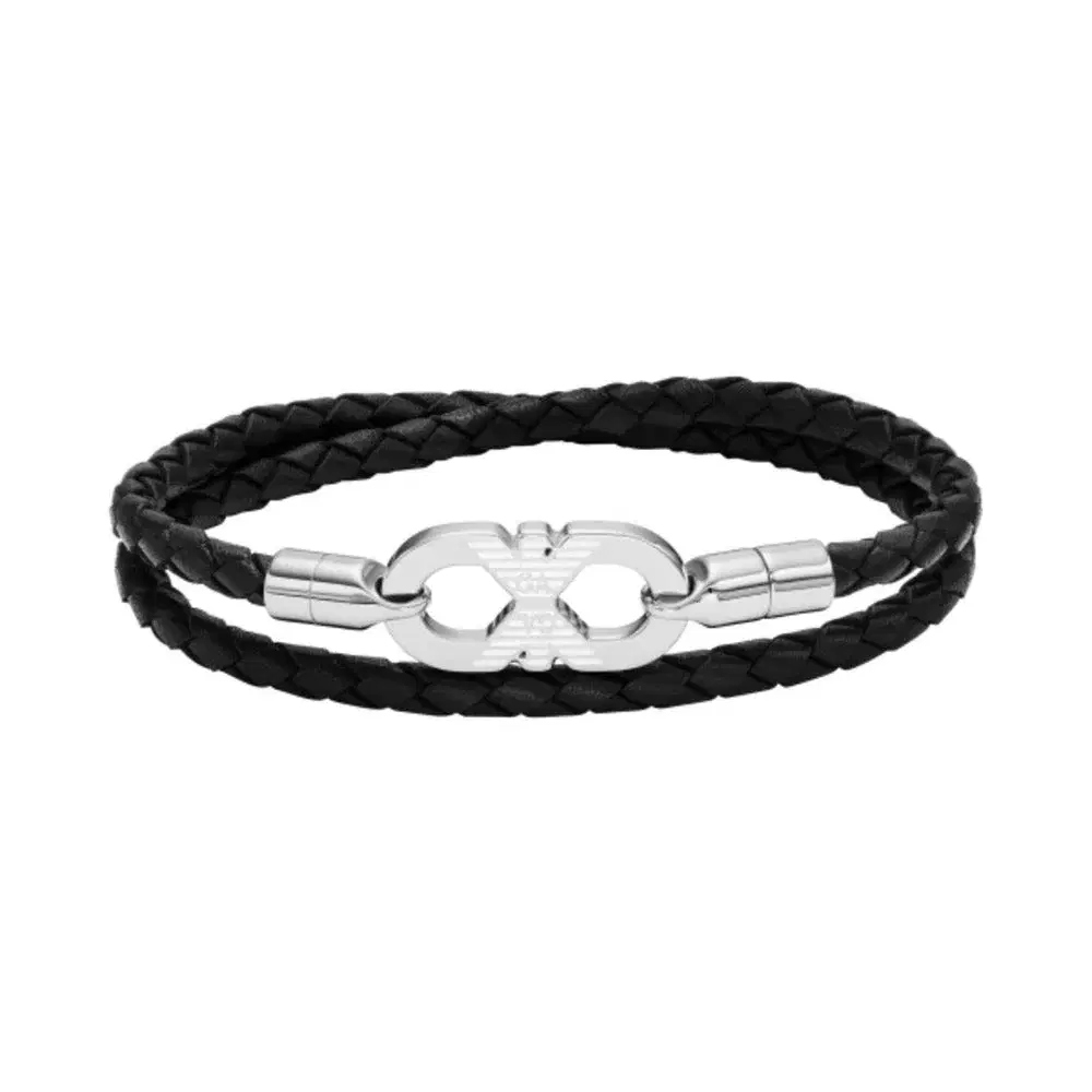 Emporio Armani Black Leather & Steel Eagle Logo Bracelet for Men
