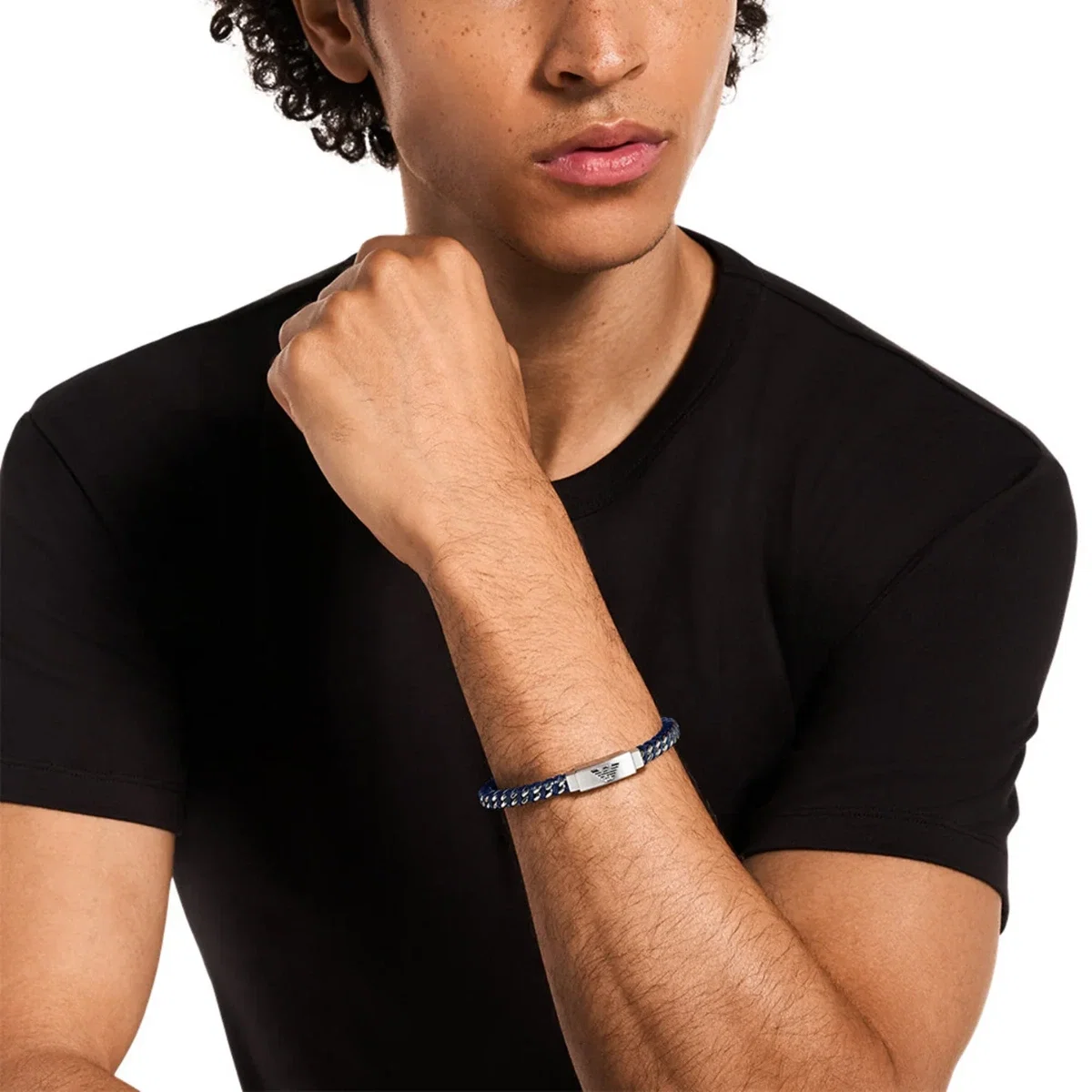Emporio Armani Blue Leather & Steel Bracelet for Men