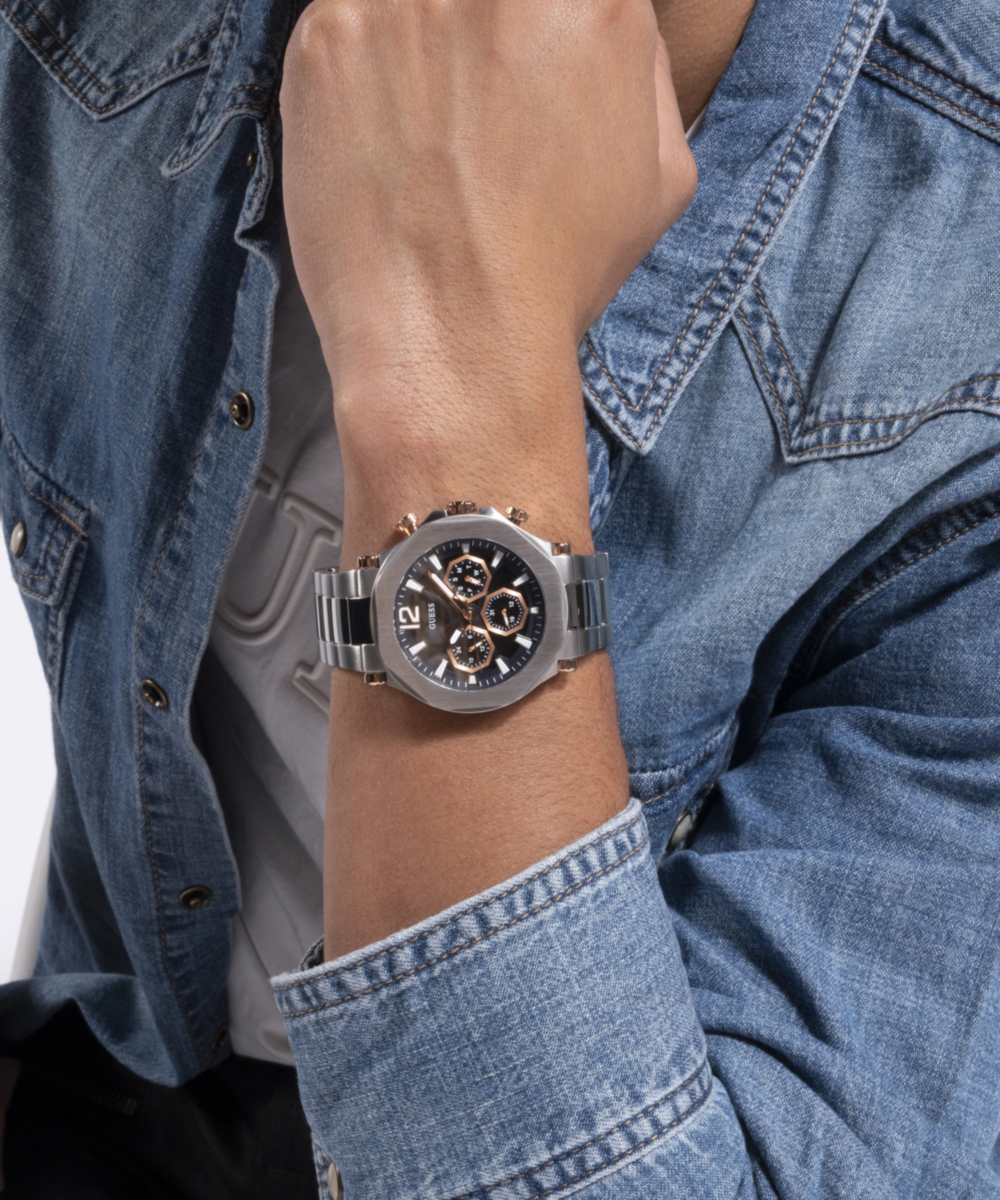 Guess Men's Multi Function Silver & Black Steel Watch