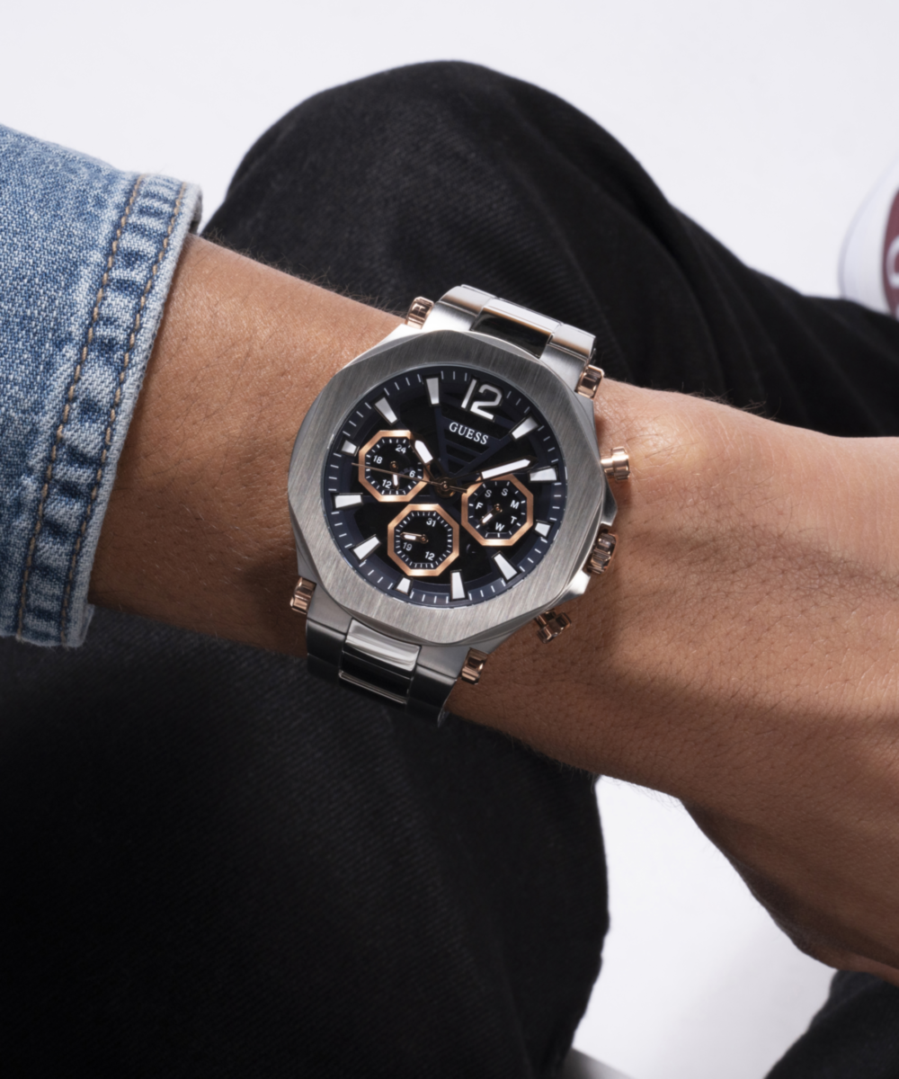 Guess Men's Multi Function Silver & Black Steel Watch