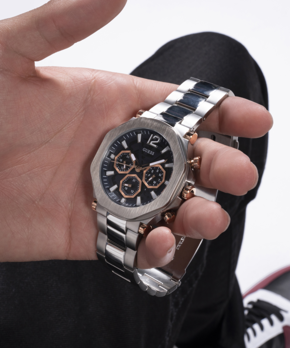 Guess Men's Multi Function Silver & Black Steel Watch