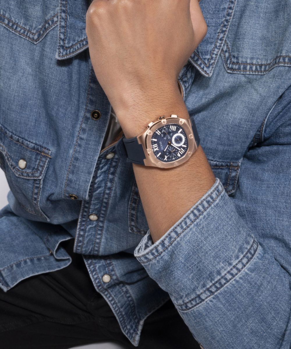 Guess Men's Multi Function Rose Gold and Blue Silicone Watch
