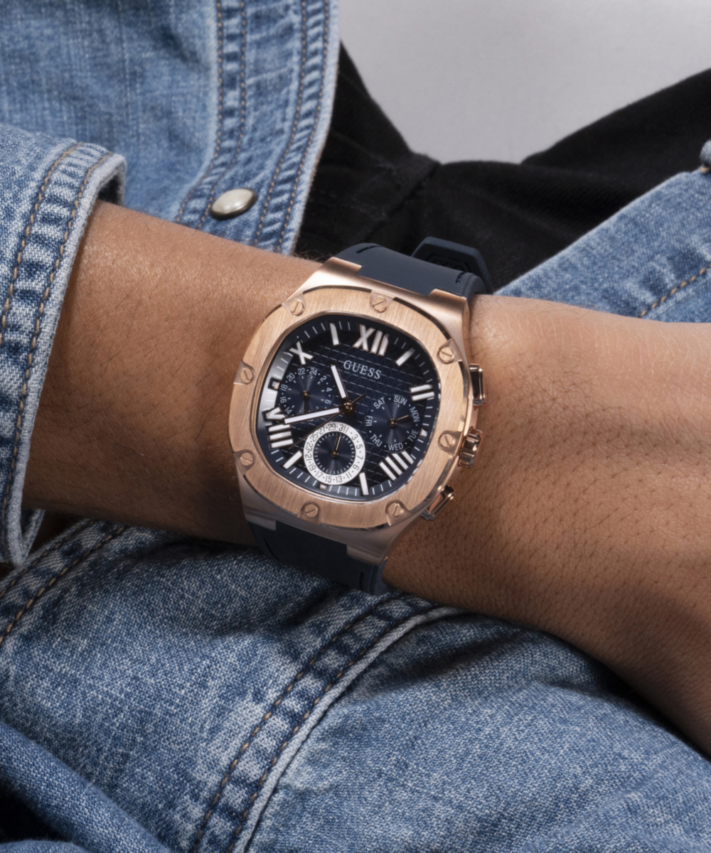 Guess Men's Multi Function Rose Gold and Blue Silicone Watch