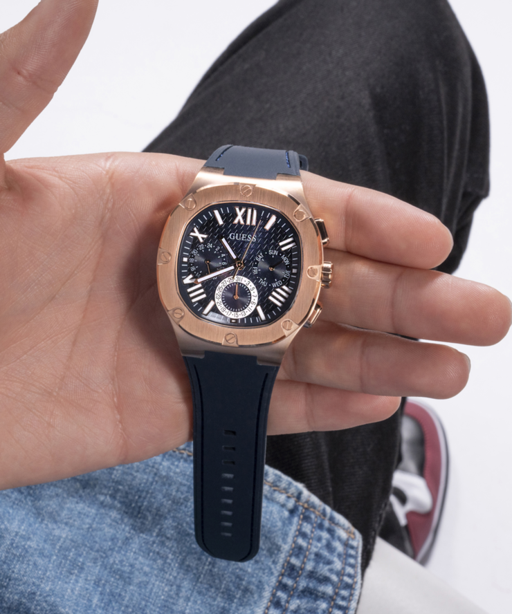 Guess Men's Multi Function Rose Gold and Blue Silicone Watch