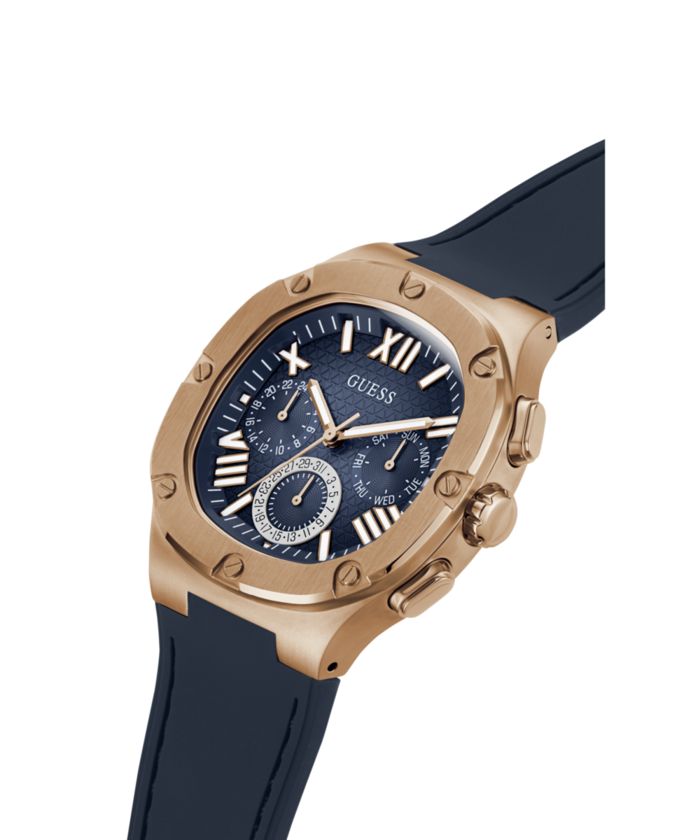 Guess Men's Multi Function Rose Gold and Blue Silicone Watch