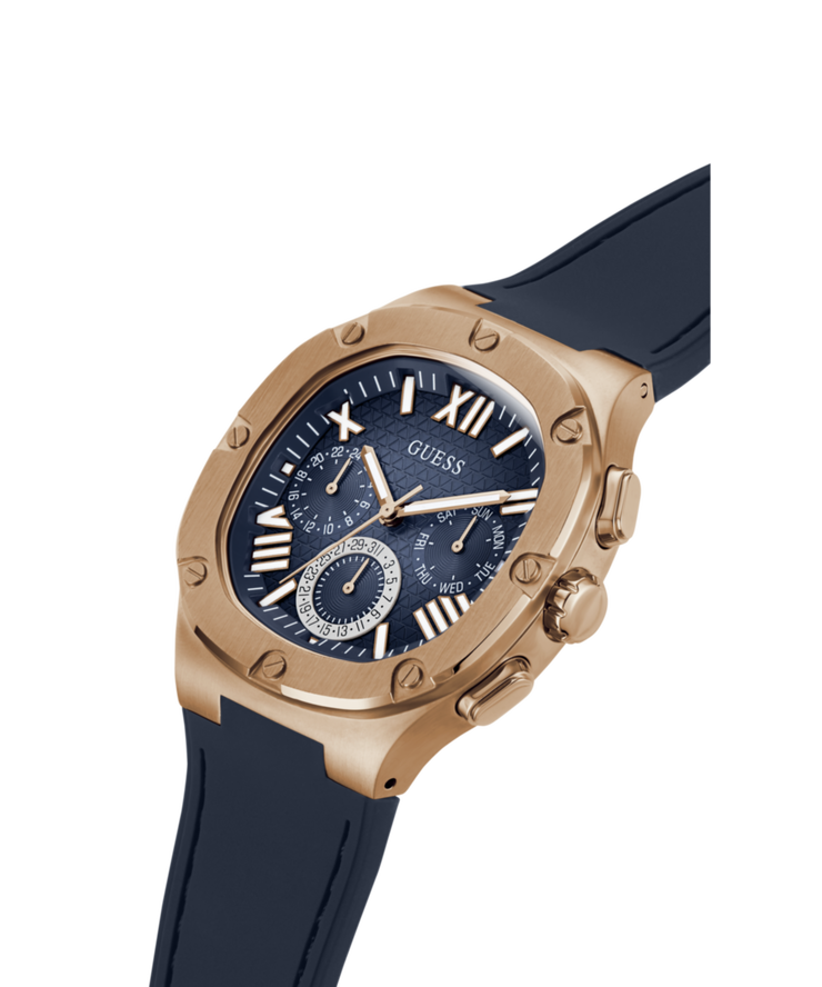 Guess Men's Multi Function Rose Gold and Blue Silicone Watch