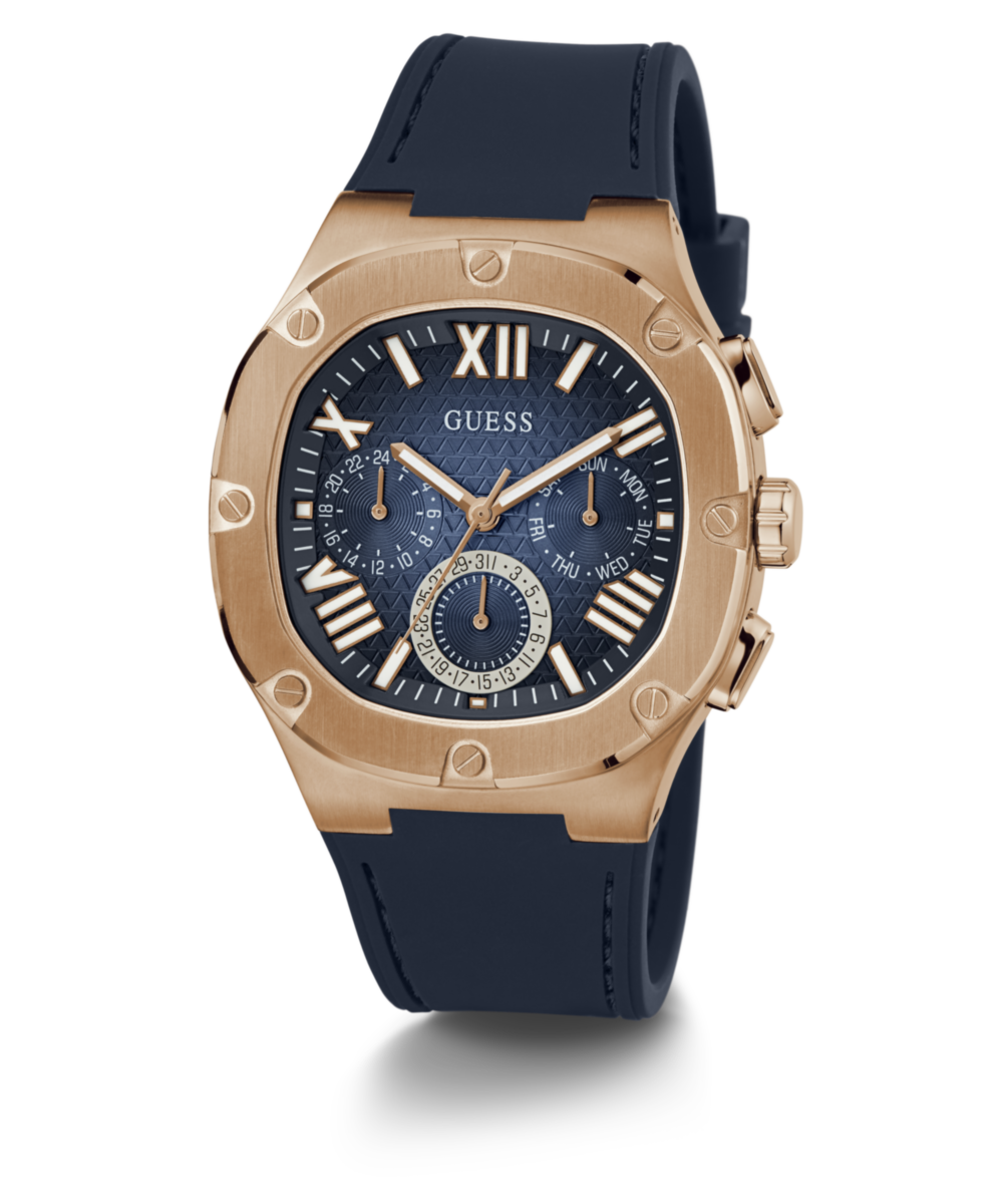 Guess Men's Multi Function Rose Gold and Blue Silicone Watch