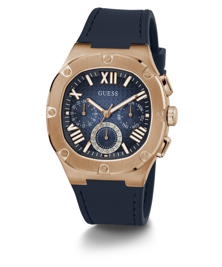 Guess Men's Multi Function Rose Gold and Blue Silicone Watch