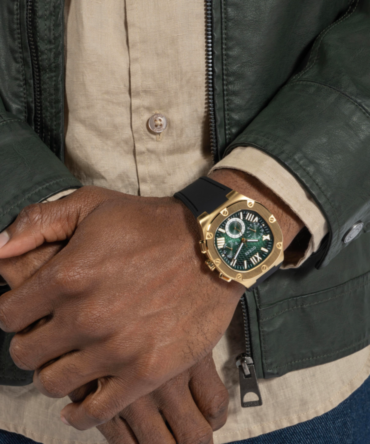 Guess Men's Gold Tone Multi Function Watch with Green Dial