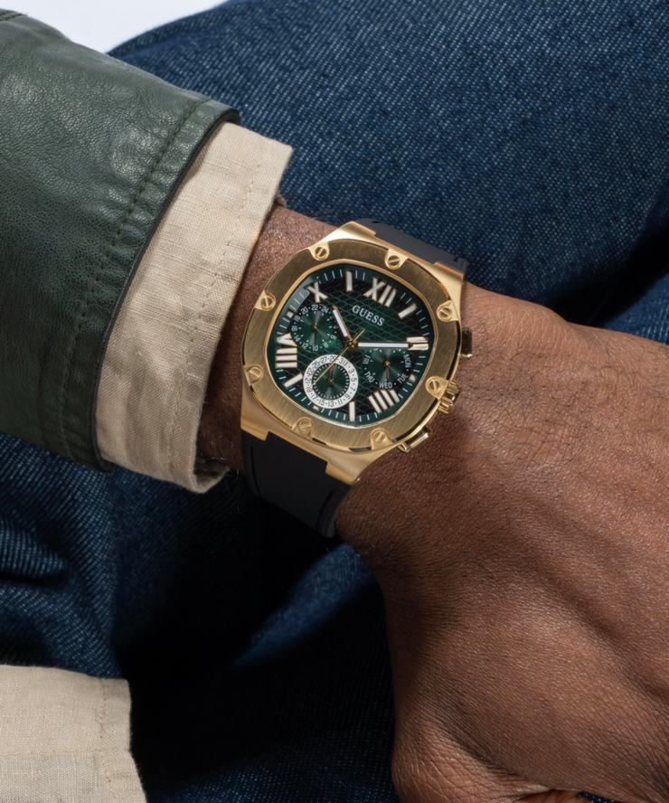 Guess Men's Gold Tone Multi Function Watch with Green Dial