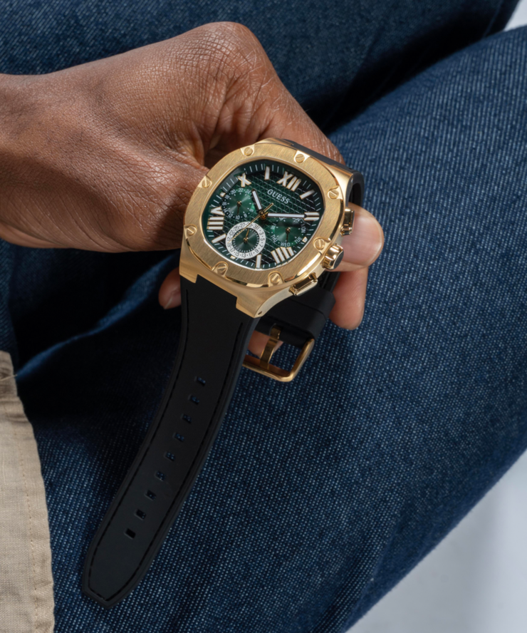 Guess Men's Gold Tone Multi Function Watch with Green Dial
