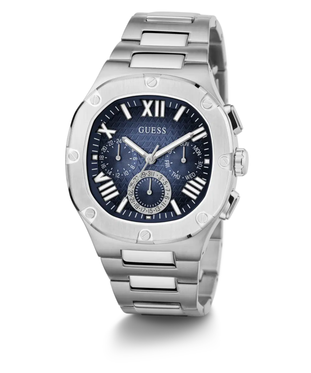 Guess Men's Multi Function Silver Steel Watch with Blue Dial