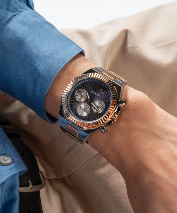 Guess Men's Multi Function Silver and Rose Gold Steel Watch