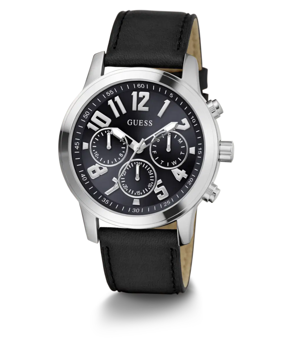 Guess Men's Black Dial Black Leather Multifunction Watch