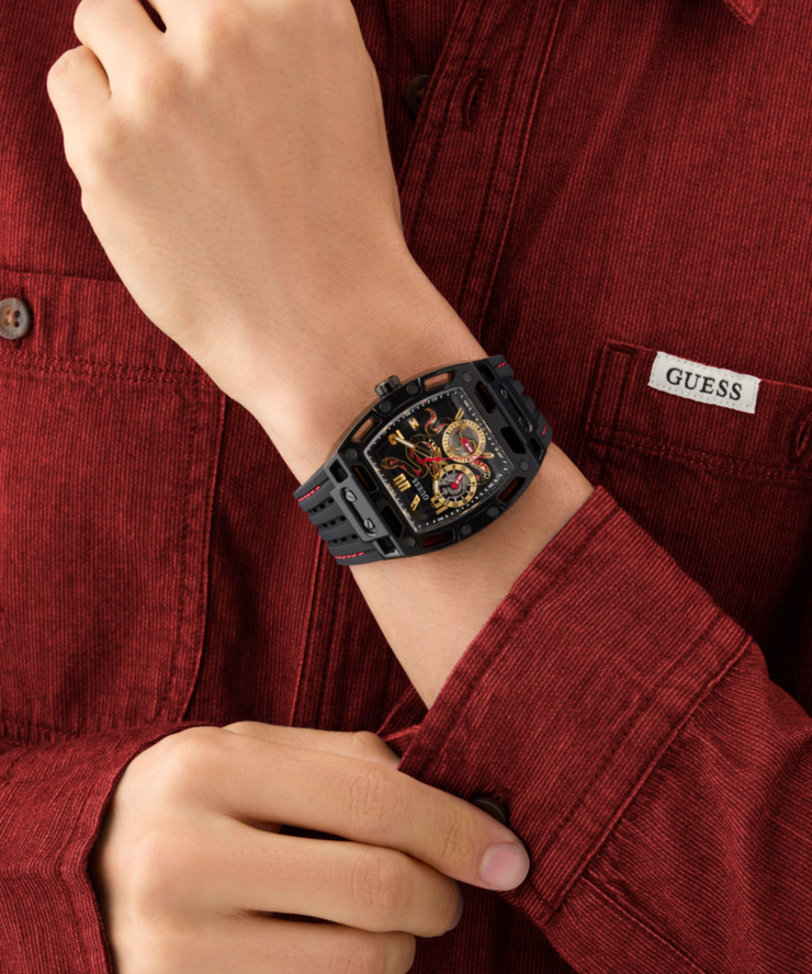 Guess Men's Automatic Black Silicone Strap Watch Snake Edition