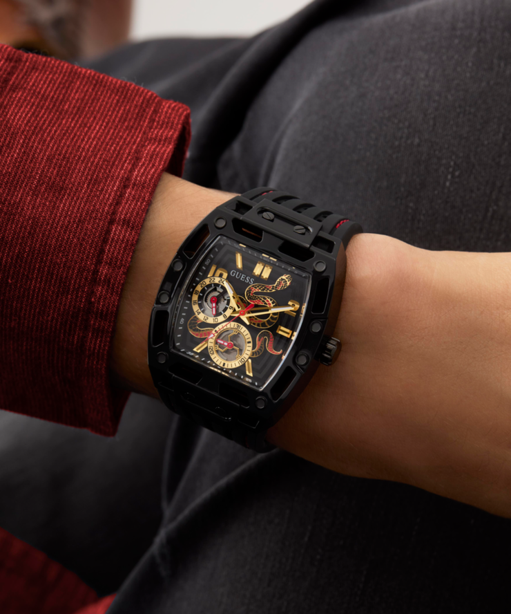 Guess Men's Automatic Black Silicone Strap Watch Snake Edition