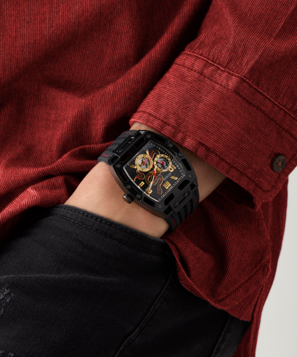 Guess Men's Automatic Black Silicone Strap Watch Snake Edition