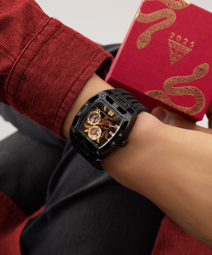 Guess Men's Automatic Black Silicone Strap Watch Snake Edition
