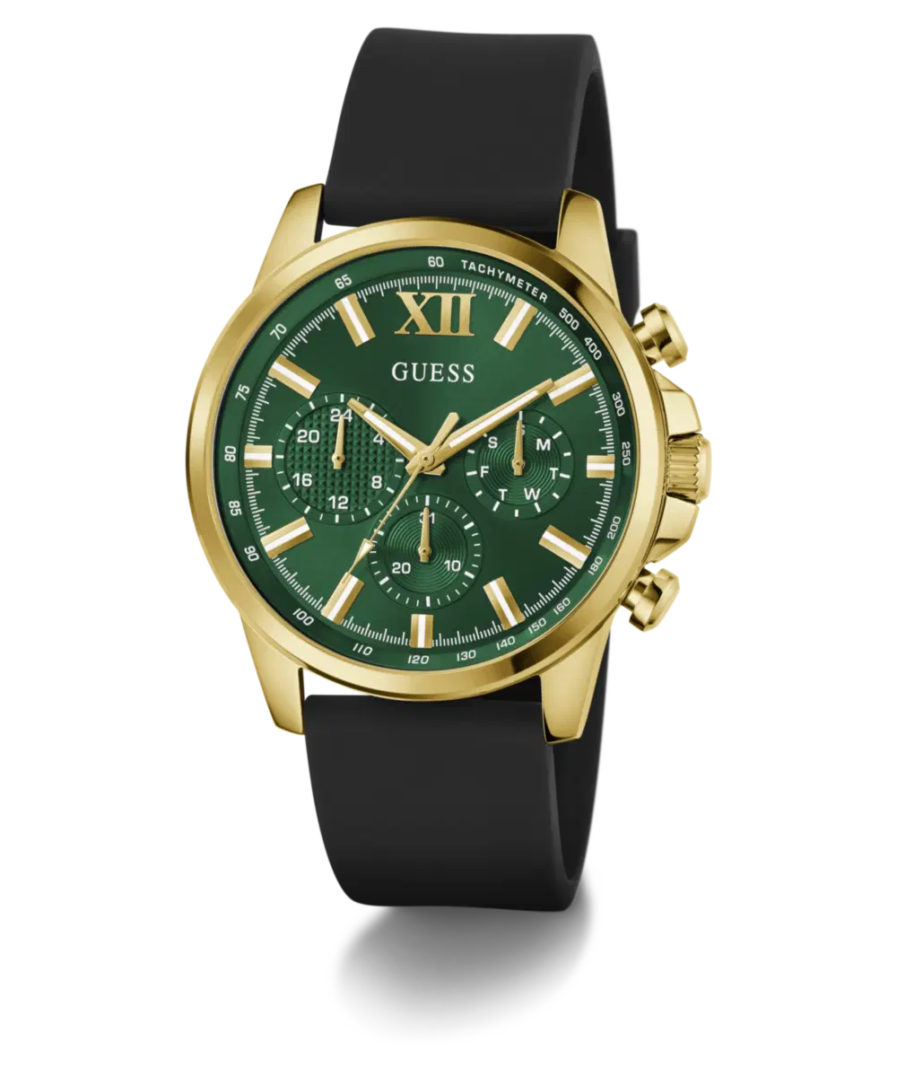 Guess Men's Green Dial Gold Tone Silicone Multifunction Watch