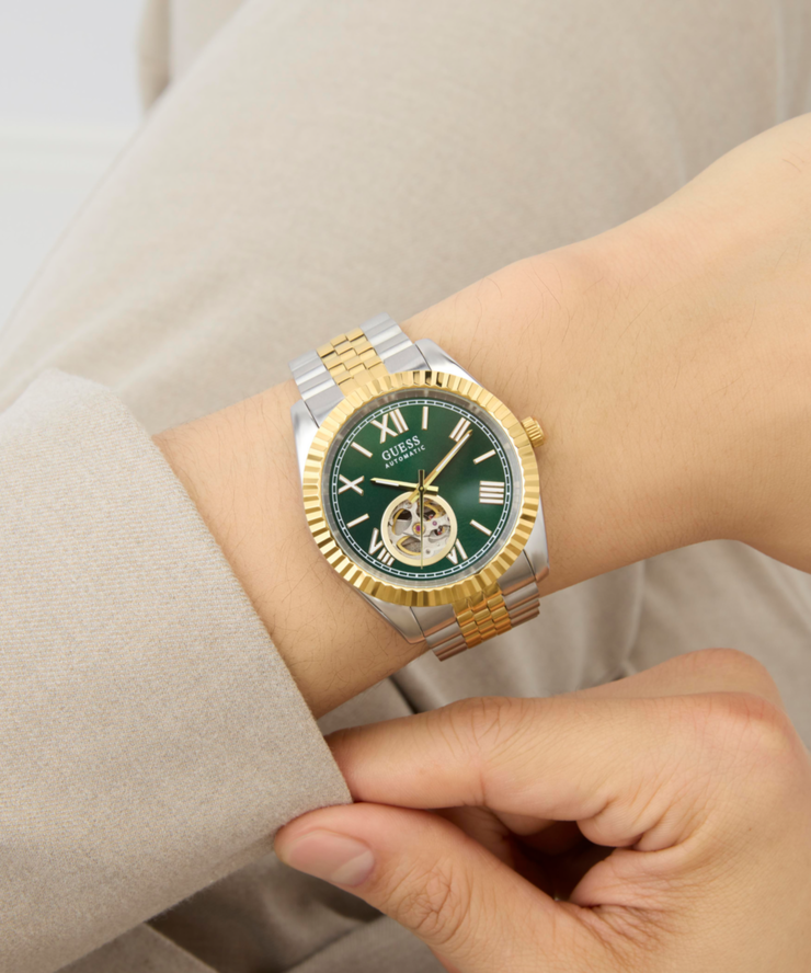 Guess Automatic Men's Green Dial Two Tone Steel Watch