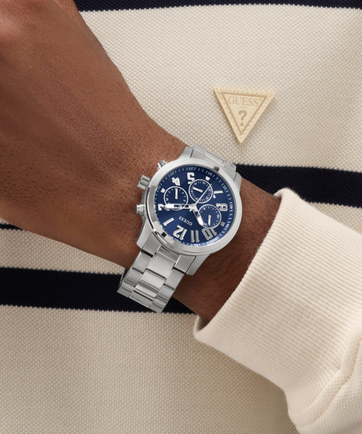 Guess Men's Blue Dial Silver Stainless Steel Multifunction Watch