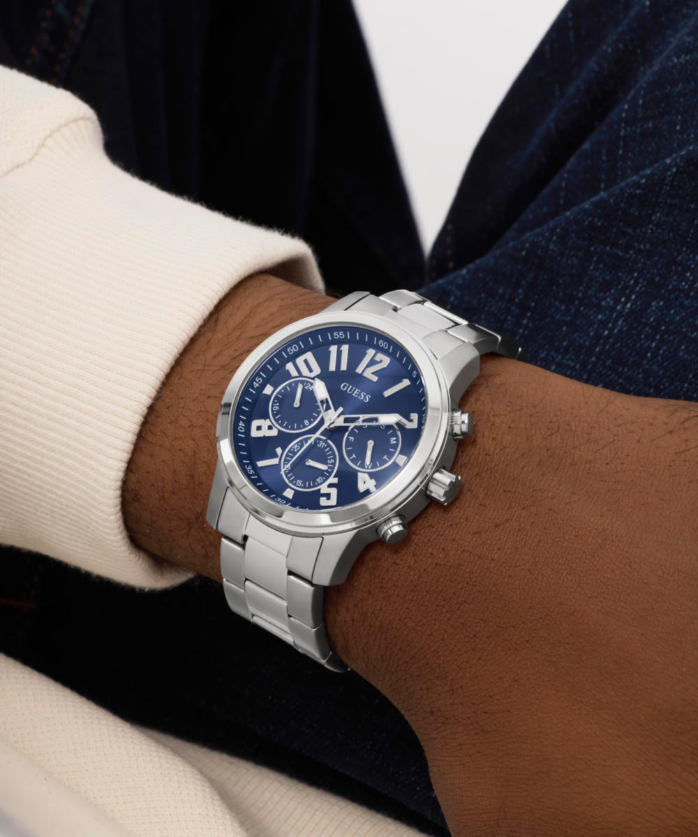 Guess Men's Blue Dial Silver Stainless Steel Multifunction Watch 