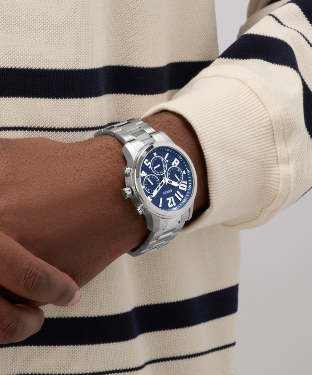 Guess Men's Blue Dial Silver Stainless Steel Multifunction Watch 