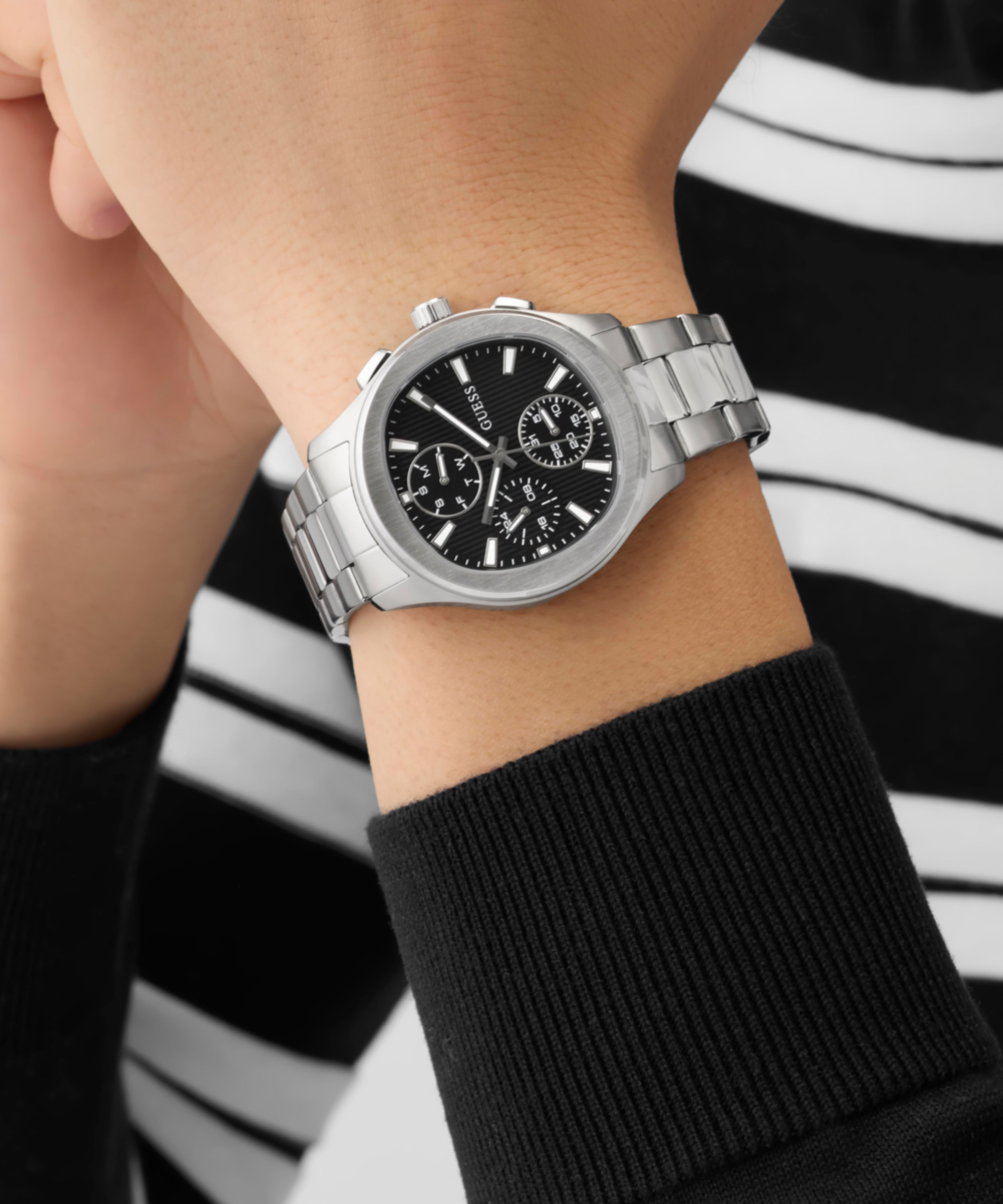 Guess Palmer Multifunction Watch for Men Silver Steel Black Dial