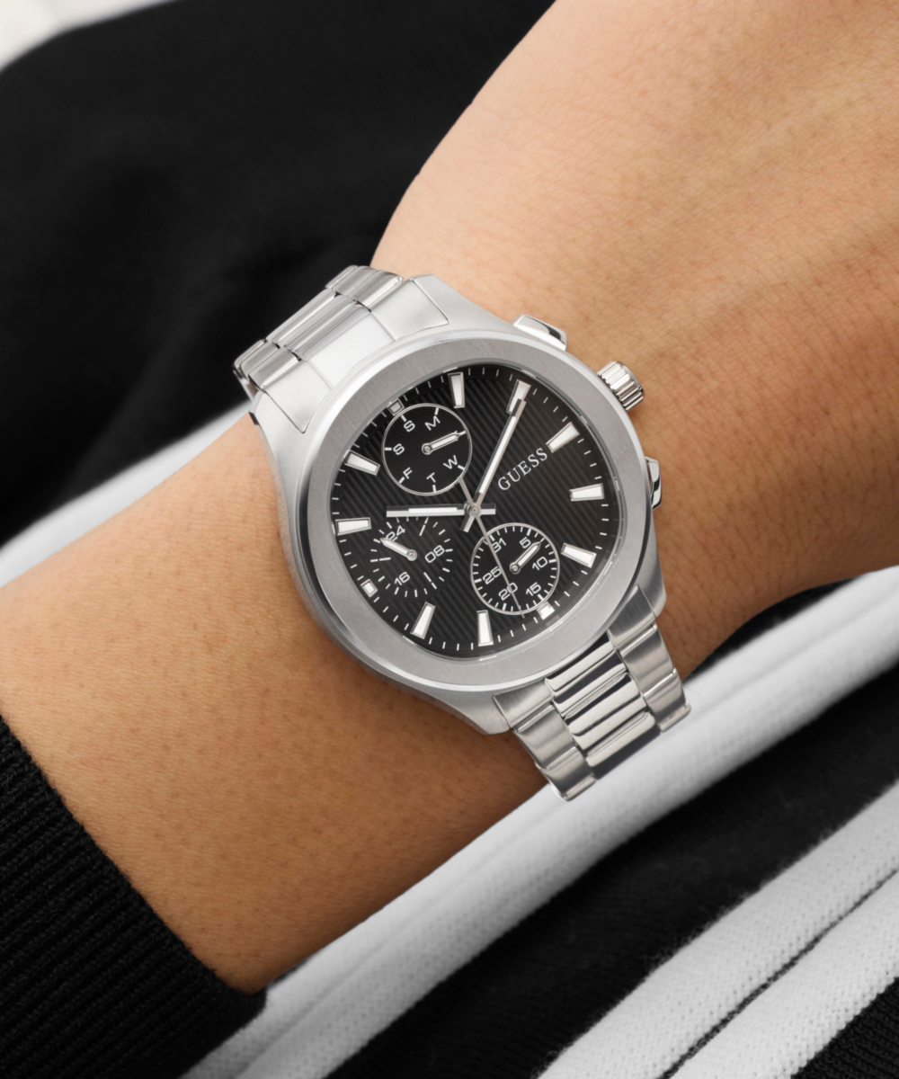 Guess Palmer Multifunction Watch for Men Silver Steel Black Dial