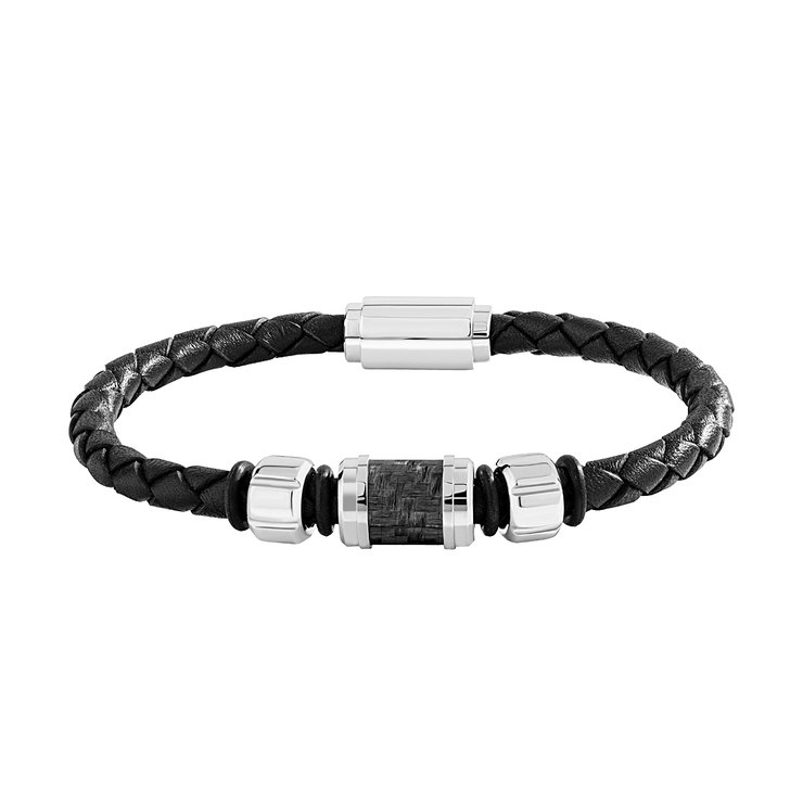 Saint Honore Black Leather Bracelet with Carbon Fiber