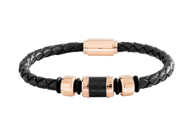 Saint Honore Men's Black Leather Bracelet - Rose Gold