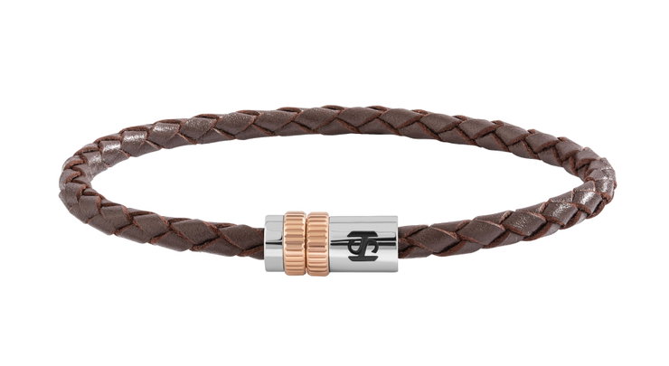 Saint Honore Men's Brown Leather Bracelet / Rose Gold