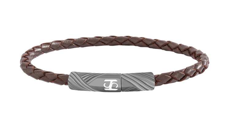 Saint Honore Men's Brown Leather Bracelet / Textured Silver