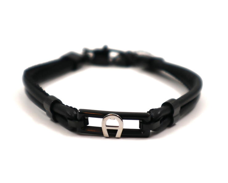 Aigner Bracelet - Black Leather with Silver Signature Logo