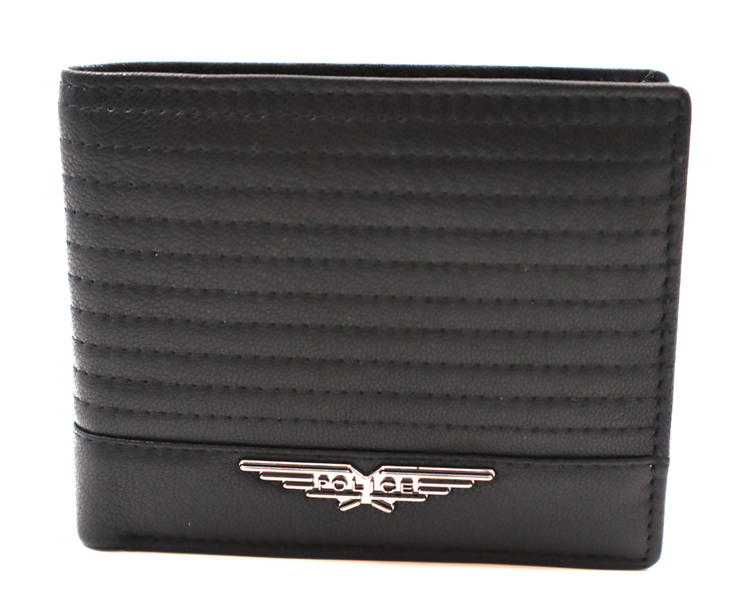 Police Men's Wallet - Black Quilted Leather with Metal Logo