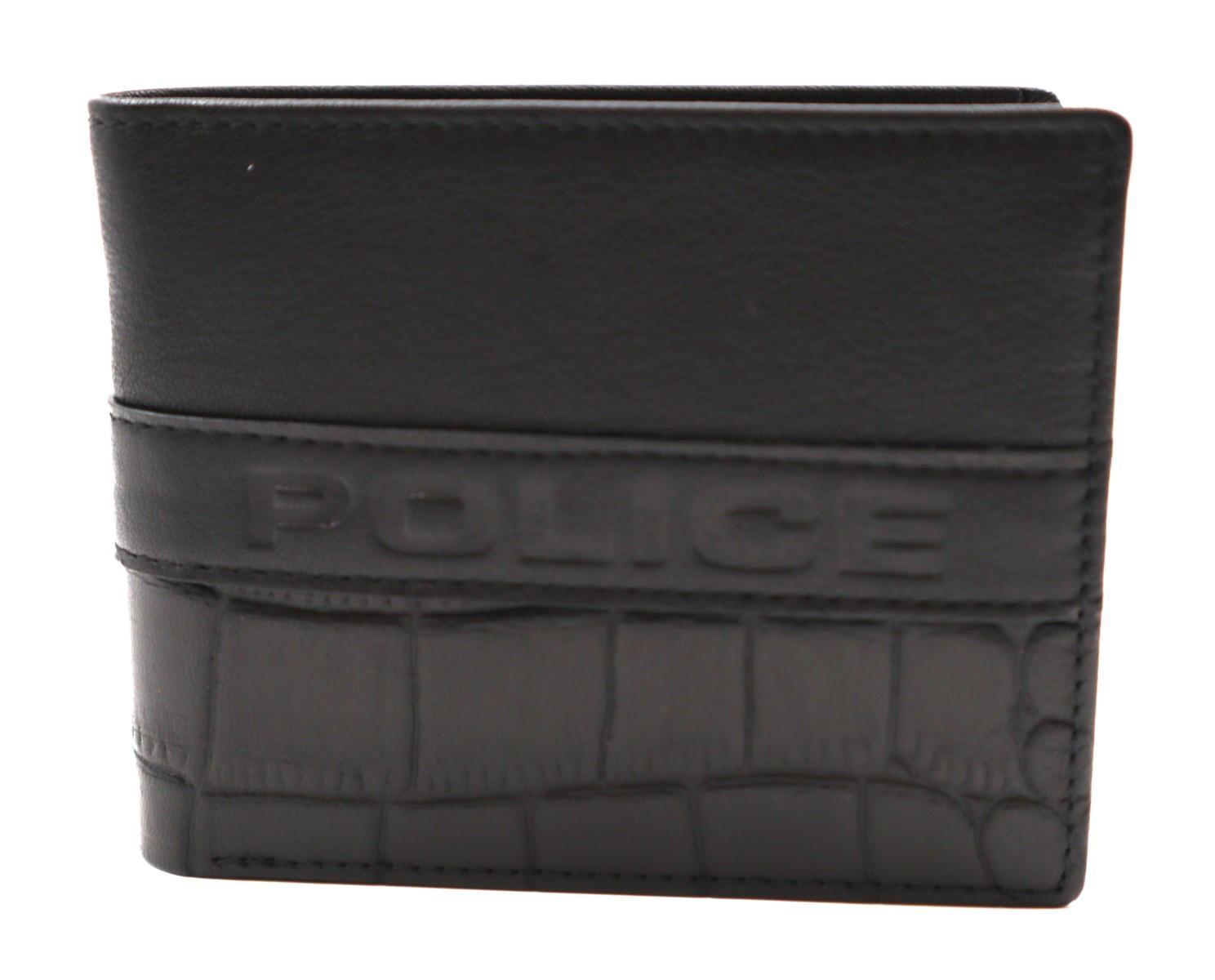 Police Men's Wallet - Black Leather with Croc-Embossed 
