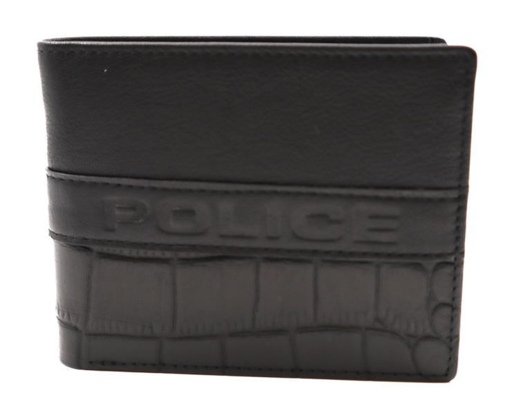 Police Men's Wallet - Black Leather with Croc-Embossed 