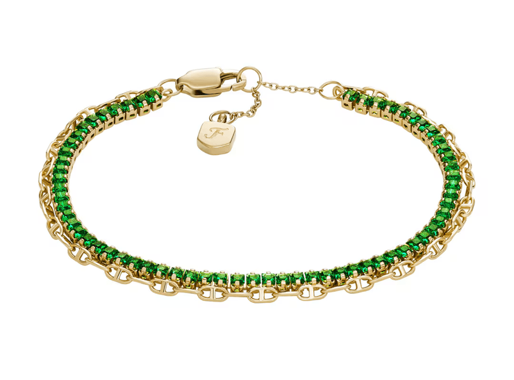 Fossil Women's Gold-Tone Green Gemstone Chain Bracelet