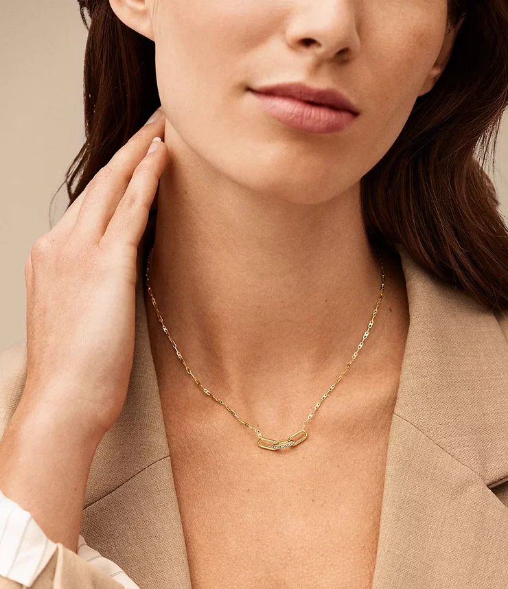 Fossil Women's Gold-Tone Link Pendant Necklace & Crystals