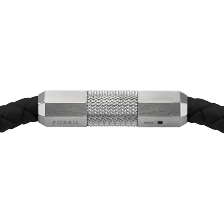 Fossil Men’s Black Braided Leather Bracelet with Steel Clasp