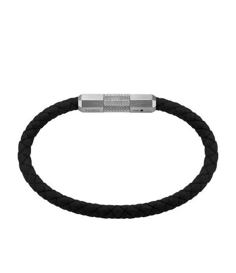 Fossil Men’s Black Braided Leather Bracelet with Steel Clasp