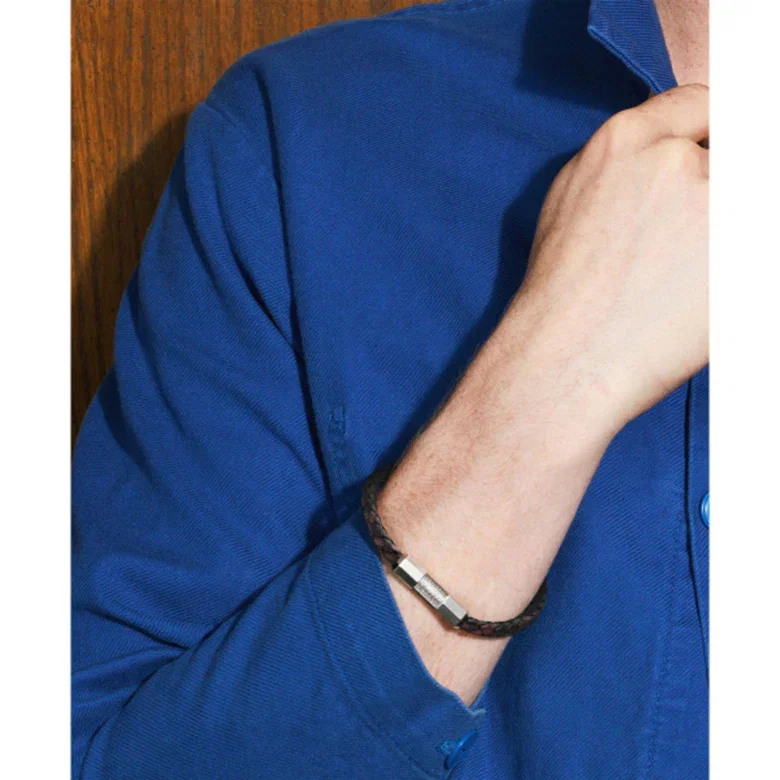 Fossil Men’s Braided Leather Bracelet with Steel Clasp