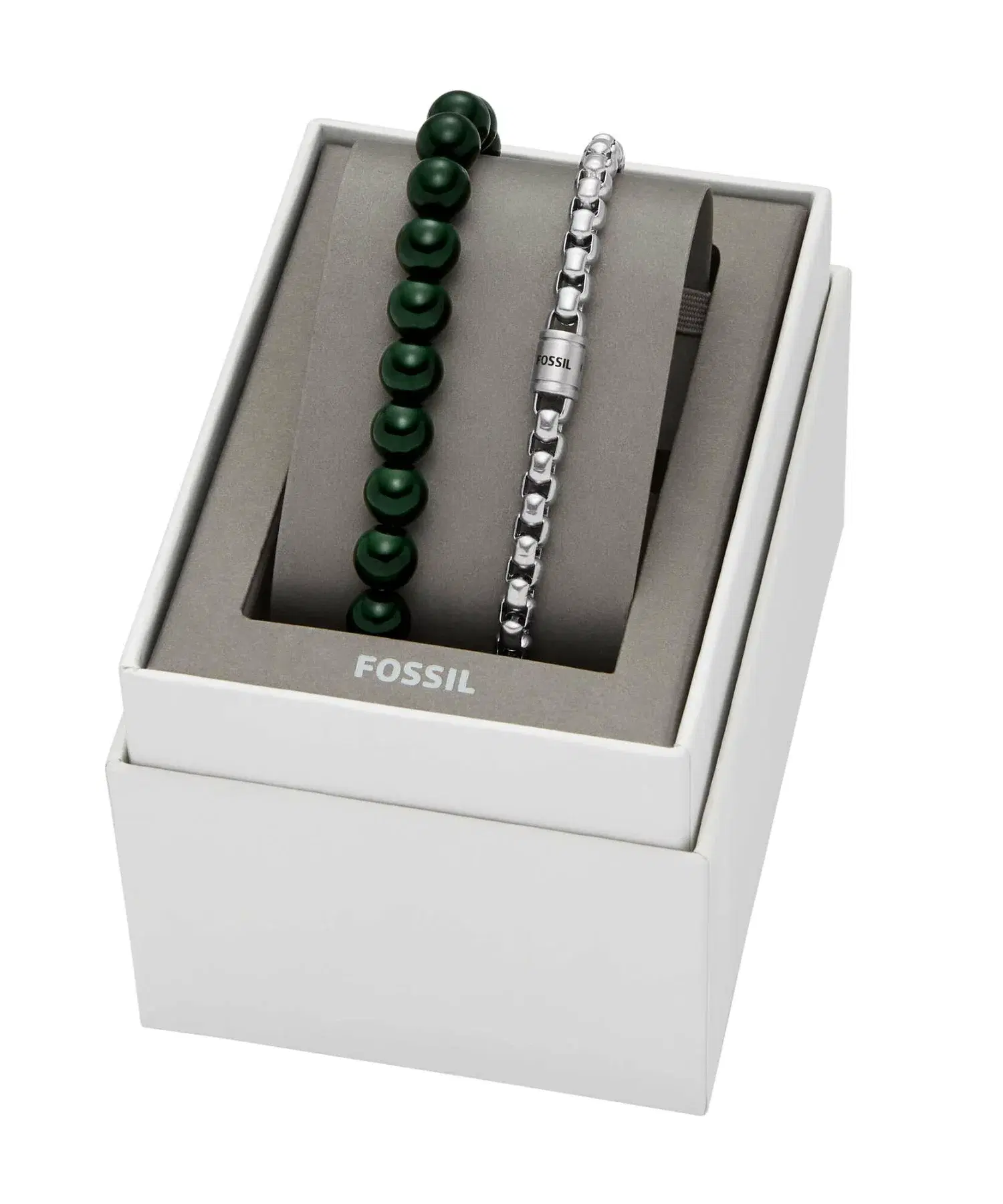 Fossil Men's Bracelet Set with Green Beads and Silver Chain