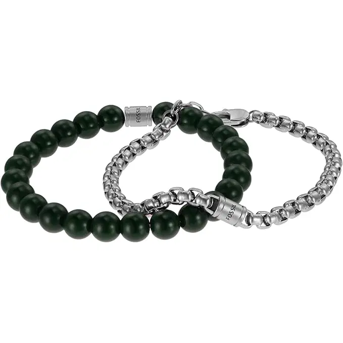 Fossil Men's Bracelet Set with Green Beads and Silver Chain