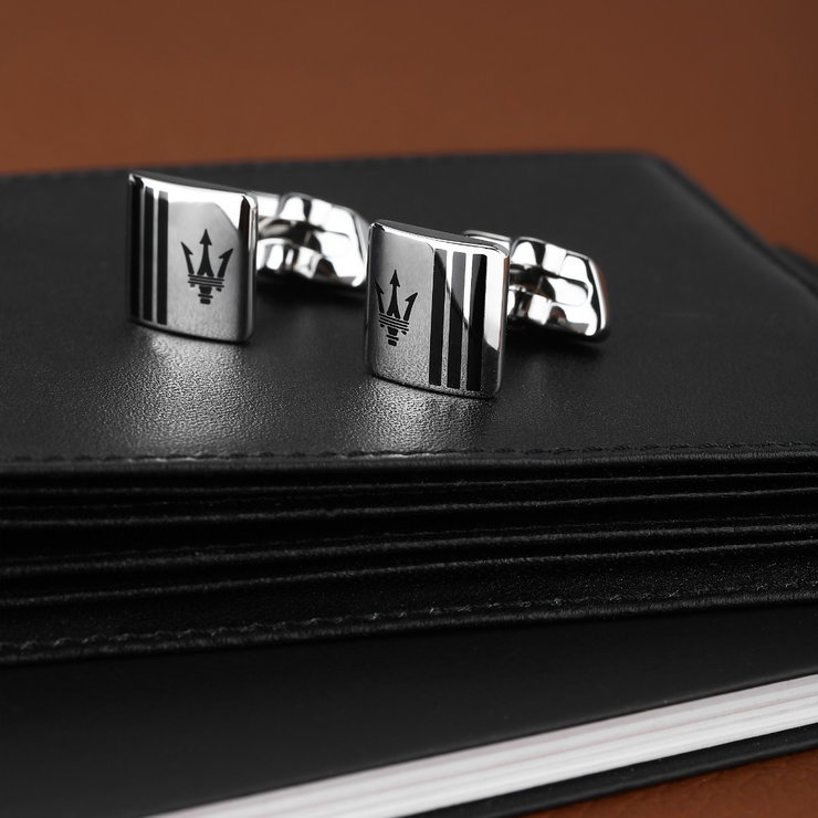 Maserati Cufflink For Men Black , Stainless Steel Silver