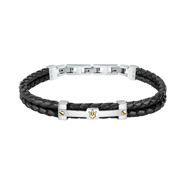 Maserati Men logo bracelet silver , Black leather size 22cm