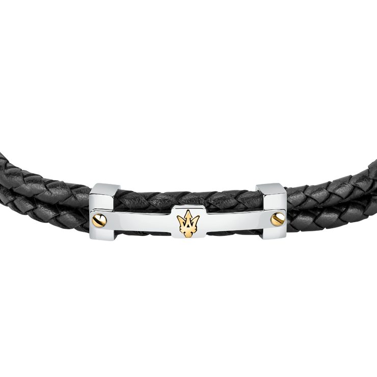 Maserati Men logo bracelet silver , Black leather size 22cm